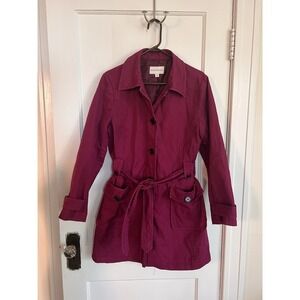 Banana Republic Trench Coat Women Large Belted Magenta Plum Button Jacket Cotton